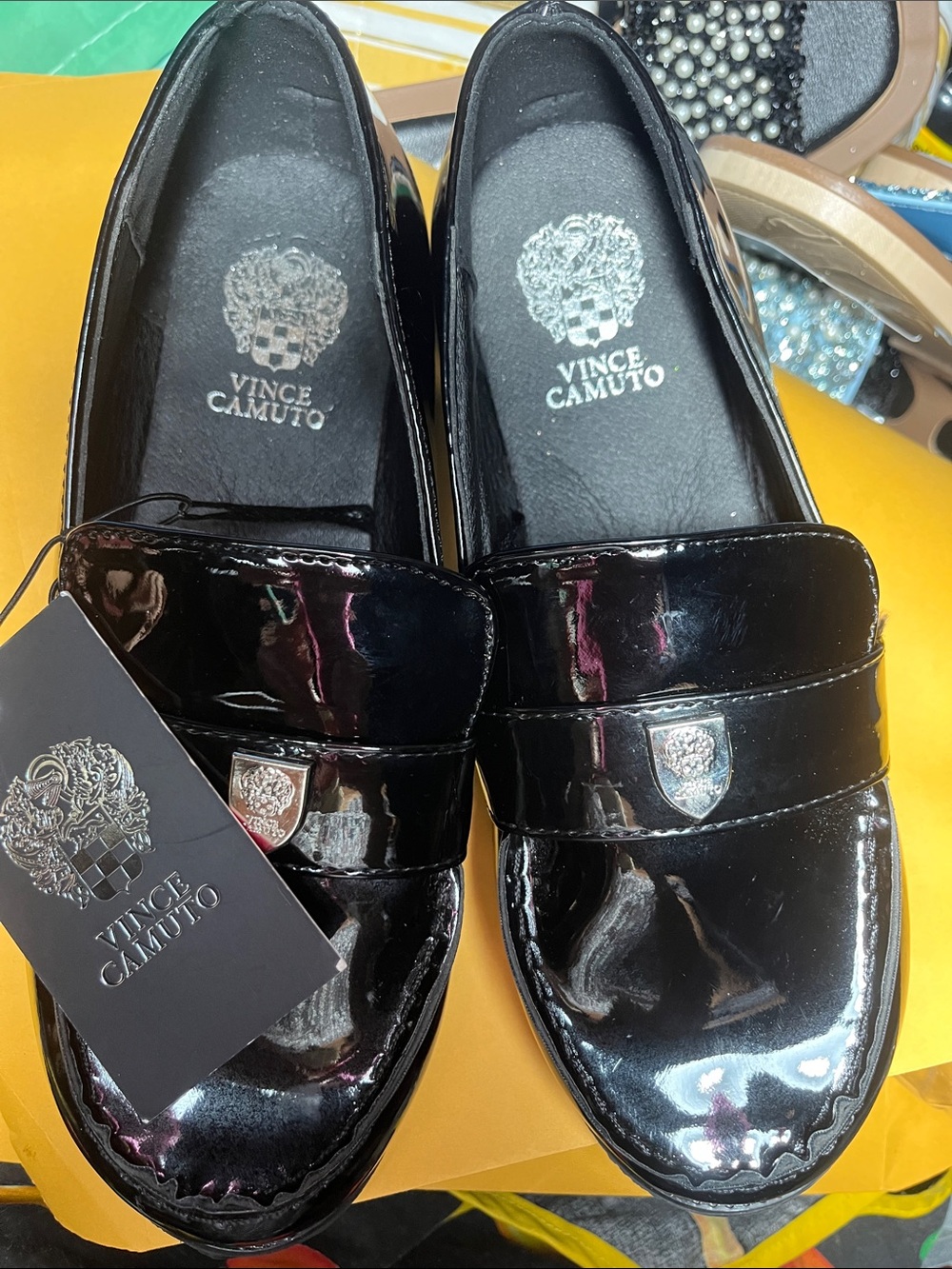 Vince Camuto Kids Black Patent Loafers with Shield Accent
